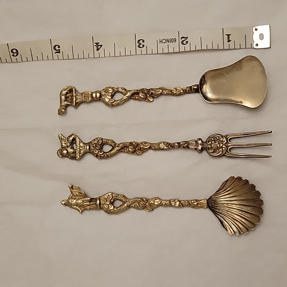 Vintage Brass Souvenir Oblong Spoon, Fork, and Scallop Shape Spoon (3 pieces)
